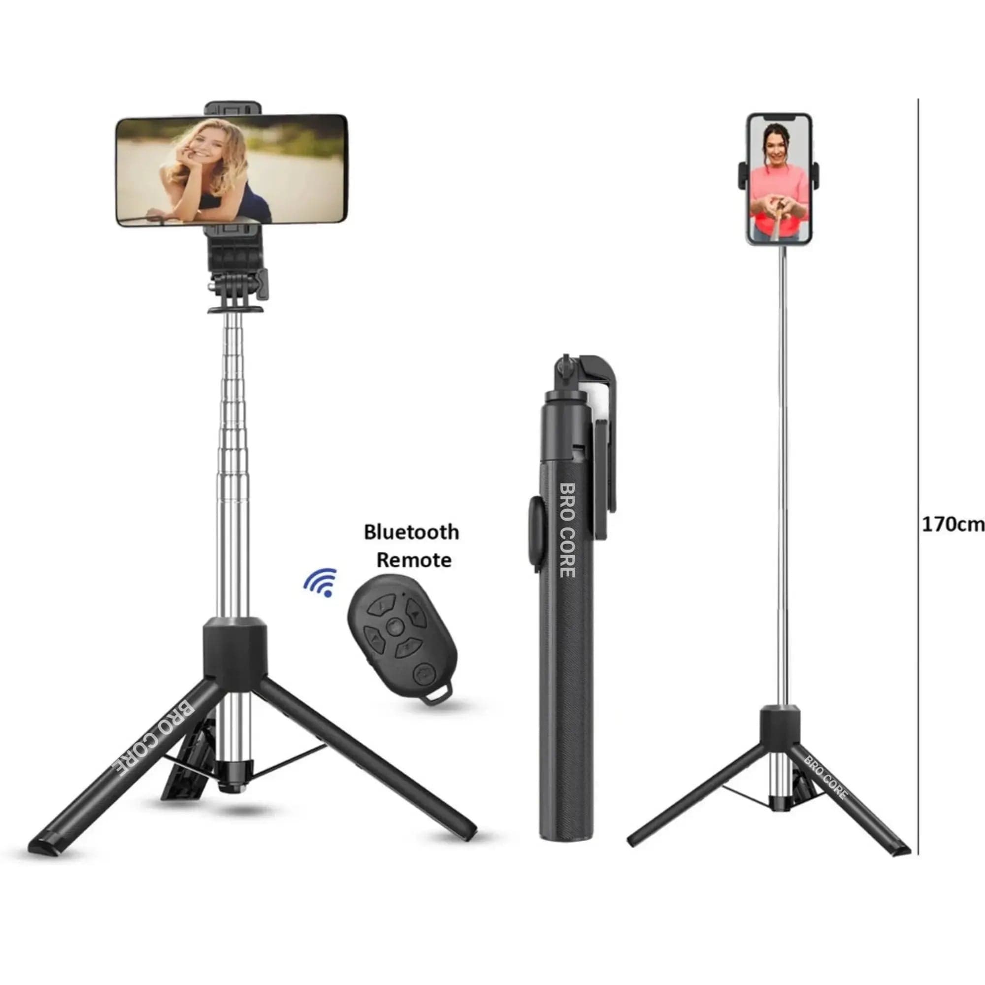 Bro Core Y17 Bluetooth Selfie Stick with Tripod Stand for Mobile, Extendable Selfie Stick with Wireless Remote, 360° Rotation